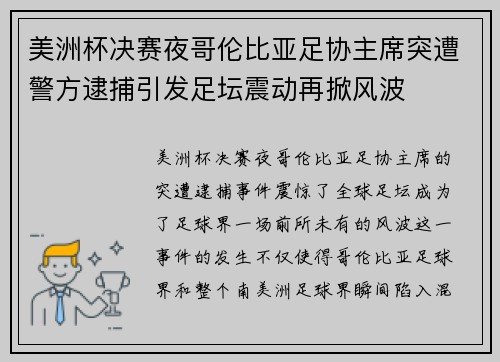 美洲杯决赛夜哥伦比亚足协主席突遭警方逮捕引发足坛震动再掀风波 美洲杯决赛夜哥伦比亚足协主席突遭警方逮捕引发足坛震动再掀风波
