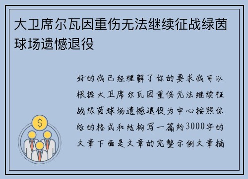 大卫席尔瓦因重伤无法继续征战绿茵球场遗憾退役